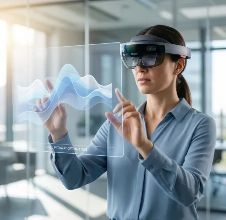 A woman using VR glasses to learn